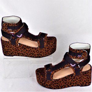 AMS size 6 EMMA-28 brown/black leopard-spotted wedge-heel platform sandals